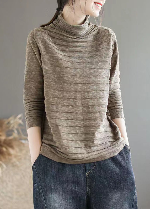 New Dark Khaki Turtleneck Patchwork Knitting Cotton Long Sleeve Ada Fashion