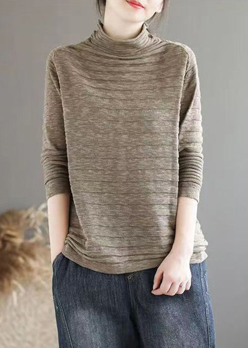 New Dark Khaki Turtleneck Patchwork Knitting Cotton Long Sleeve Ada Fashion