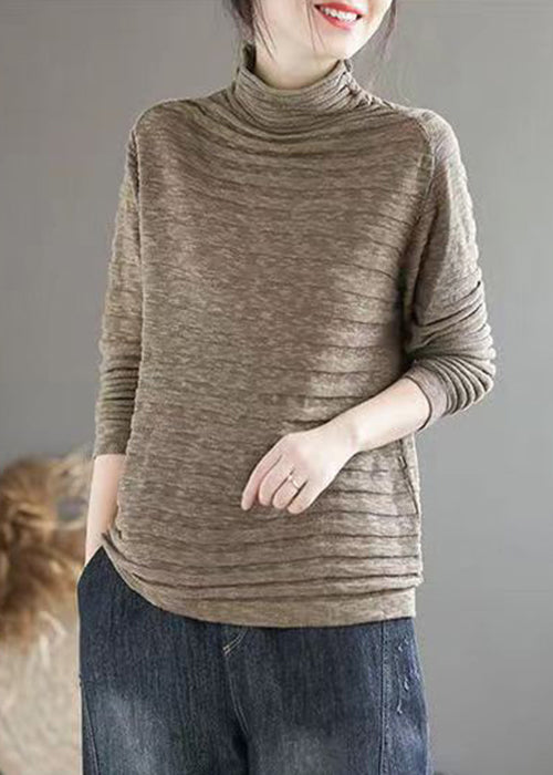 New Dark Khaki Turtleneck Patchwork Knitting Cotton Long Sleeve Ada Fashion