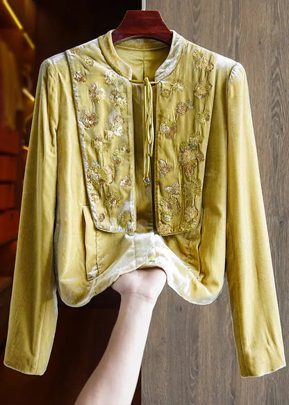 New Dark Yellow Sequins Lace Up Patchwork Silk Velour Coats Fall Ada Fashion