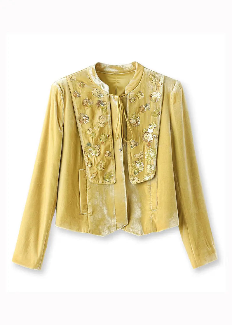 New Dark Yellow Sequins Lace Up Patchwork Silk Velour Coats Fall Ada Fashion