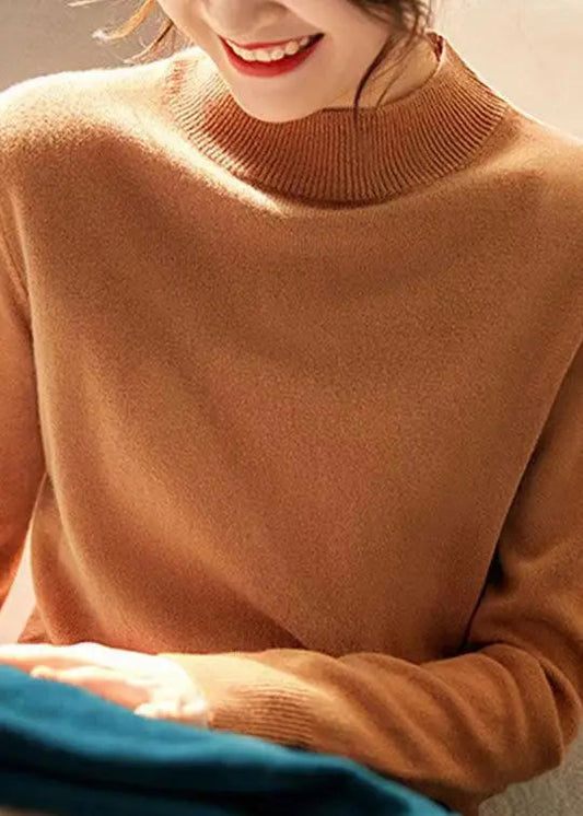 New Elegant Camel Stand Collar Woolen Knit Pullover Fall Ada Fashion