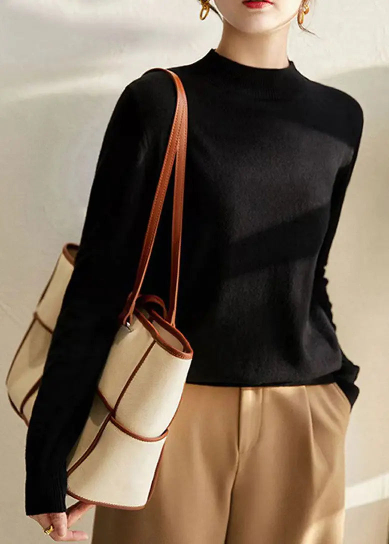 New Elegant Camel Stand Collar Woolen Knit Pullover Fall Ada Fashion