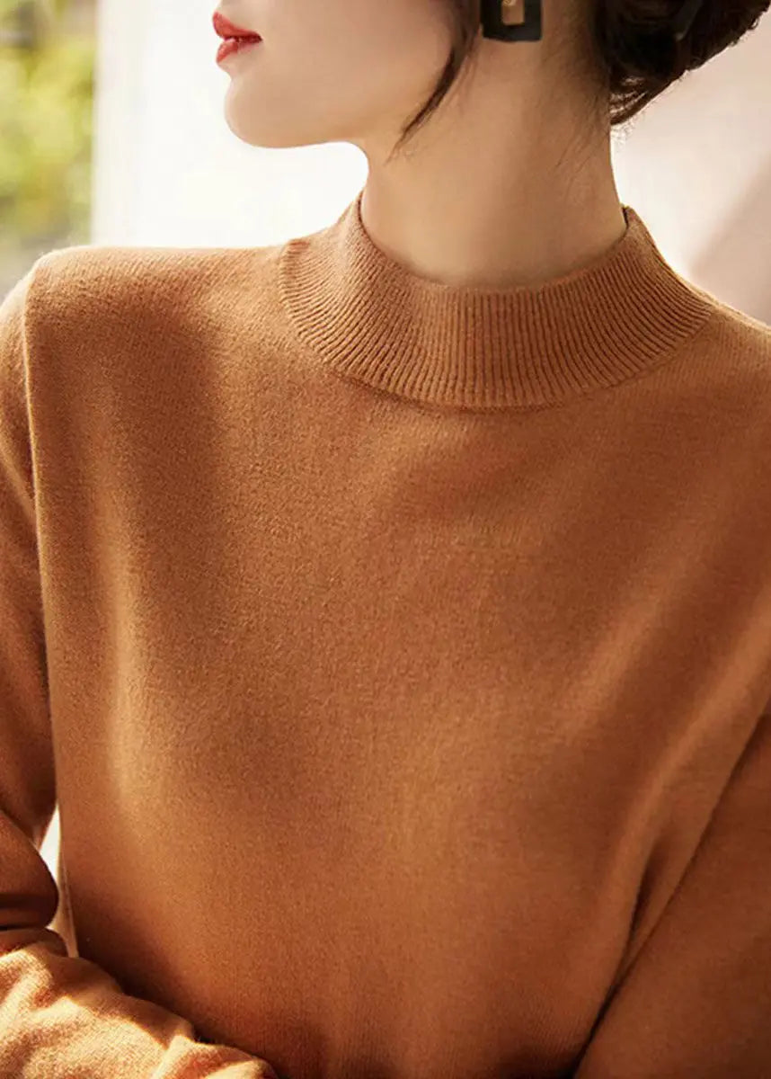 New Elegant Camel Stand Collar Woolen Knit Pullover Fall Ada Fashion