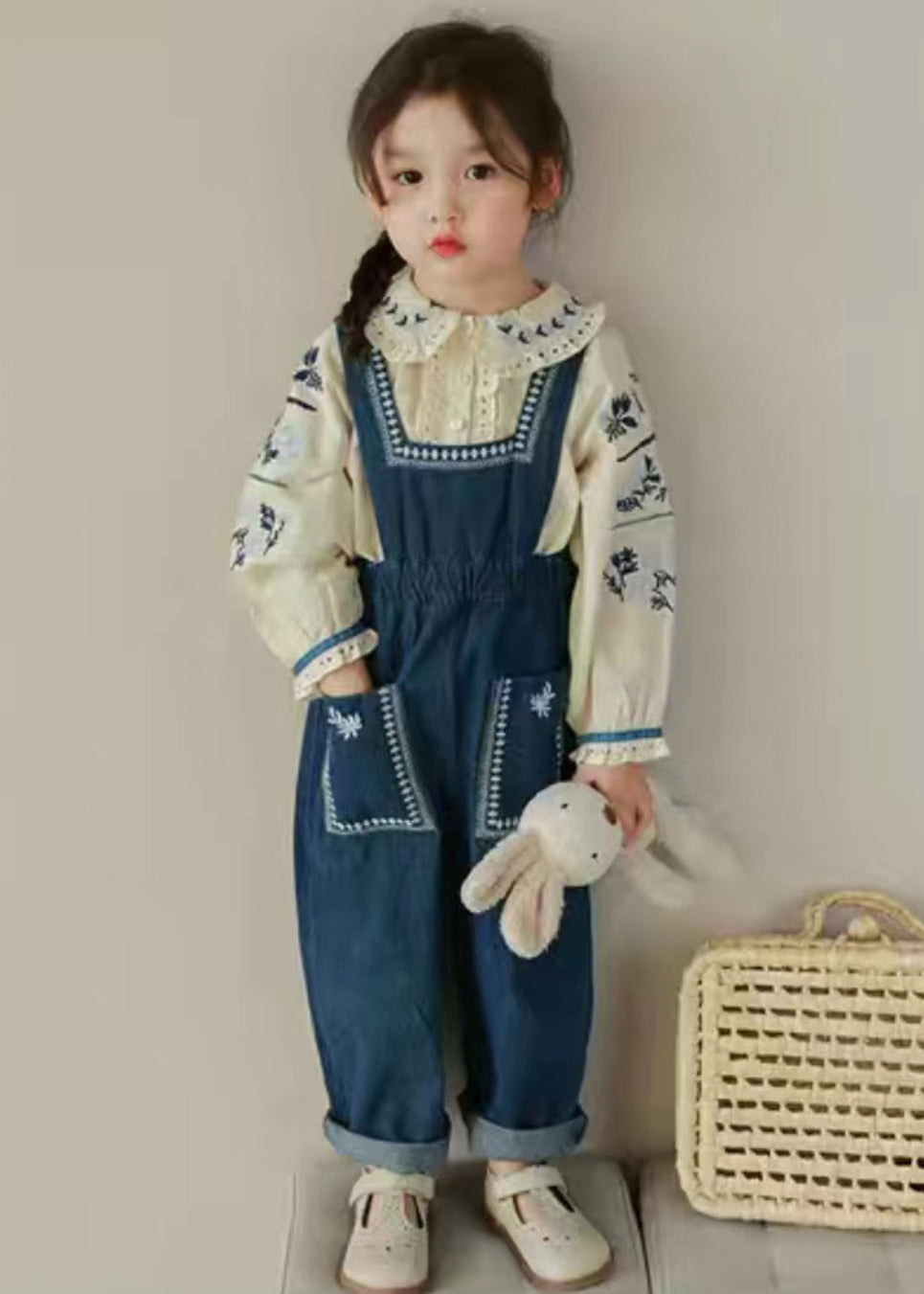 New Embroideried Ruffled Shirts And Denim Pants Girls Two Pieces Set Fall Ada Fashion