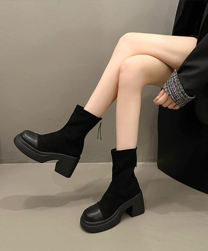 New French Black Zip Up Splicing Chunky Boots Ada Fashion