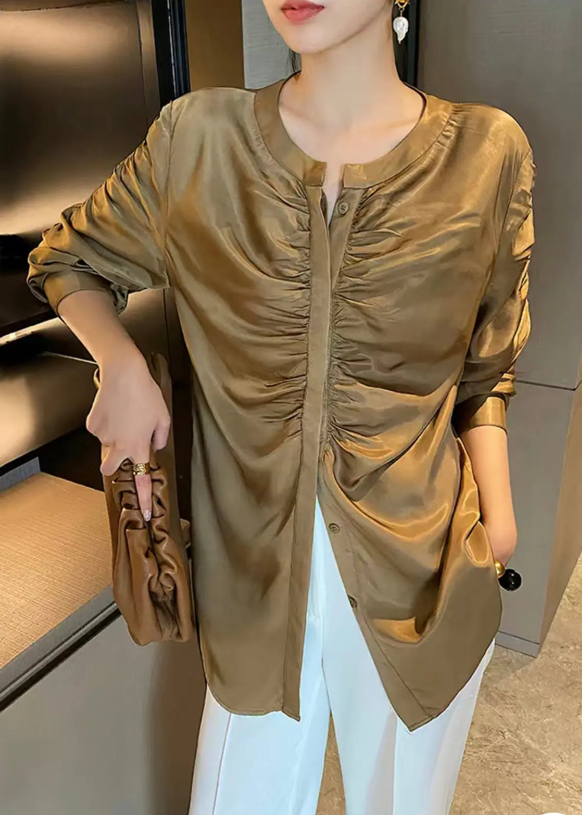 New Gold Button Wrinkled Patchwork Silk Shirt Tops Fall Ada Fashion