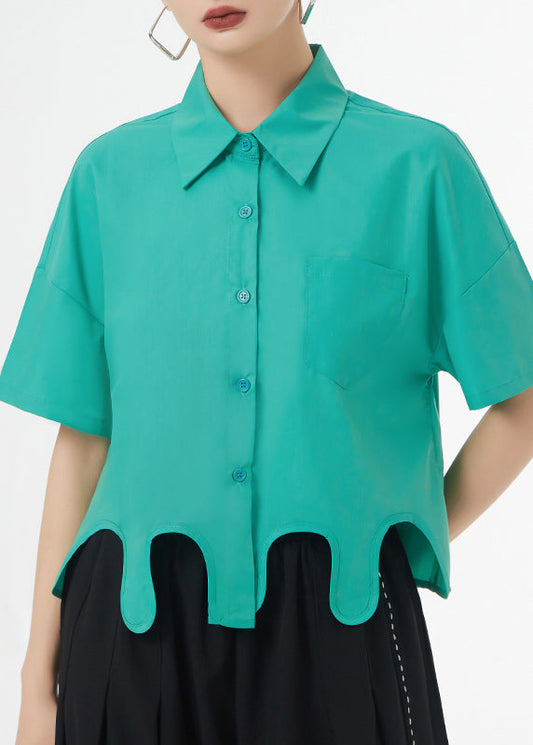 New Green Asymmetrical Button Patchwork Cotton Blouse Top Short Sleeve Ada Fashion