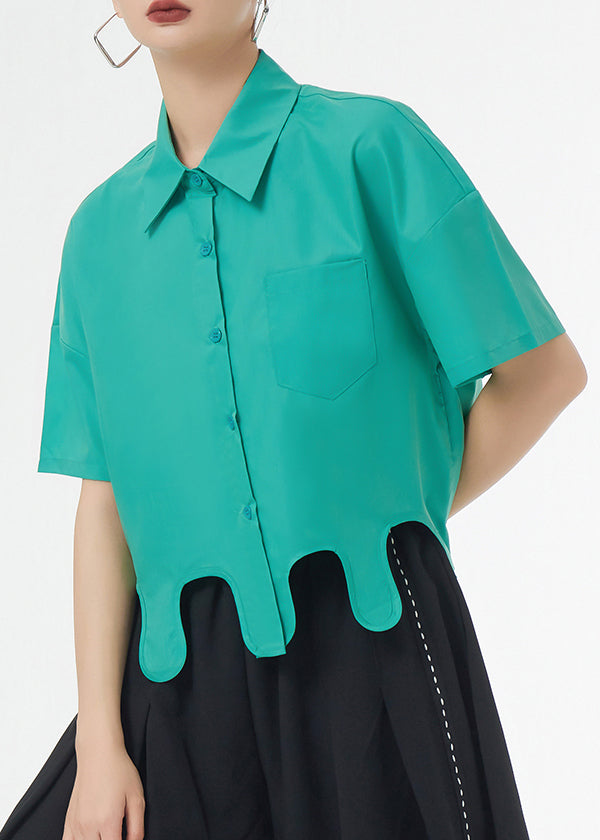 New Green Asymmetrical Button Patchwork Cotton Blouse Top Short Sleeve Ada Fashion