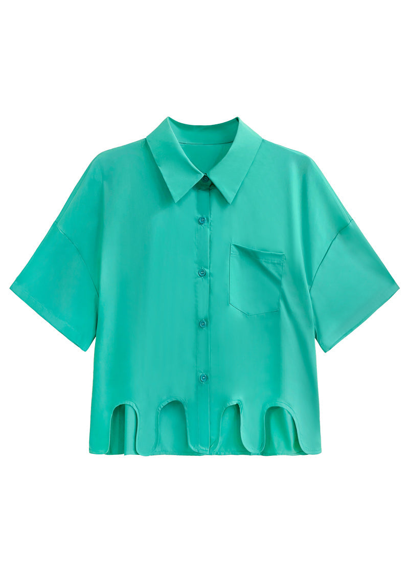 New Green Asymmetrical Button Patchwork Cotton Blouse Top Short Sleeve Ada Fashion