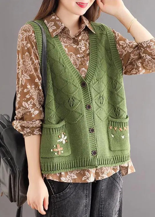 New Green Embroideried Pockets Patchwork Cotton Knit Waistcoat Sleeveless Ada Fashion