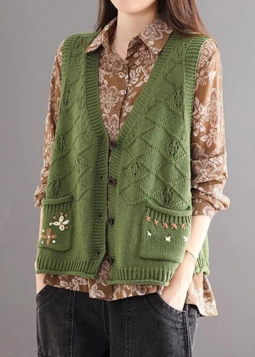 New Green Embroideried Pockets Patchwork Cotton Knit Waistcoat Sleeveless Ada Fashion