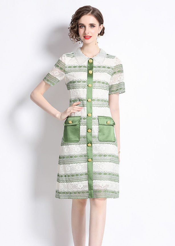 New Green Hollow Out Embroideried Patchwork Lace Mid Dress Summer LY7435 - fabuloryshop