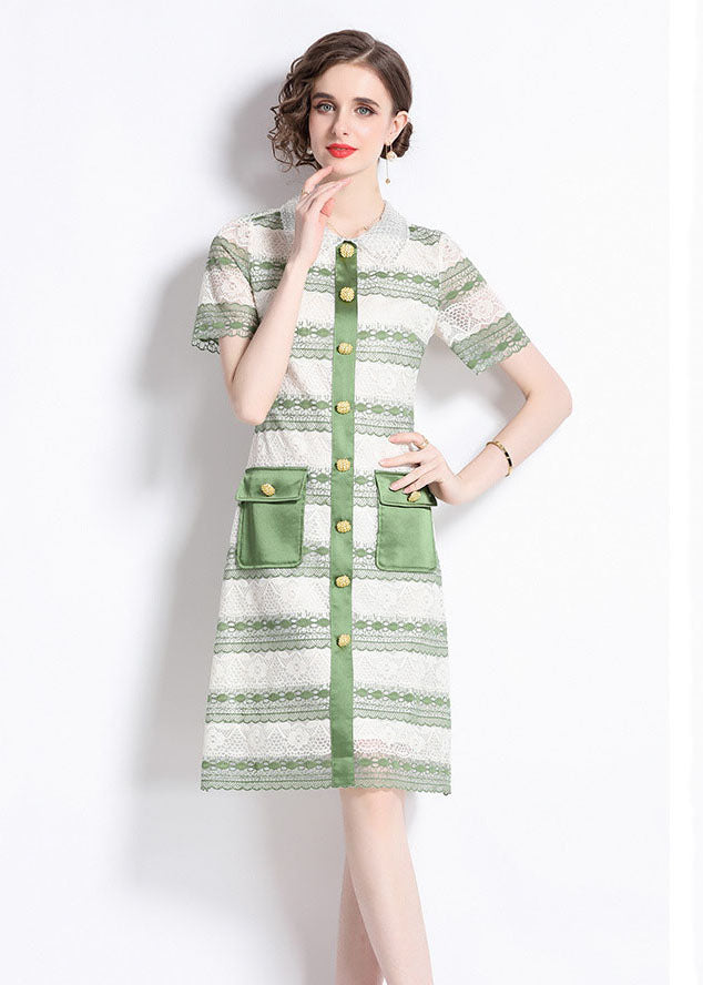 New Green Hollow Out Embroideried Patchwork Lace Mid Dress Summer LY7435 - fabuloryshop