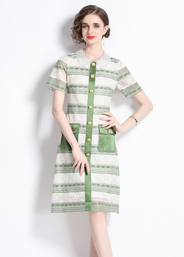 New Green Hollow Out Embroideried Patchwork Lace Mid Dress Summer LY7435 - fabuloryshop