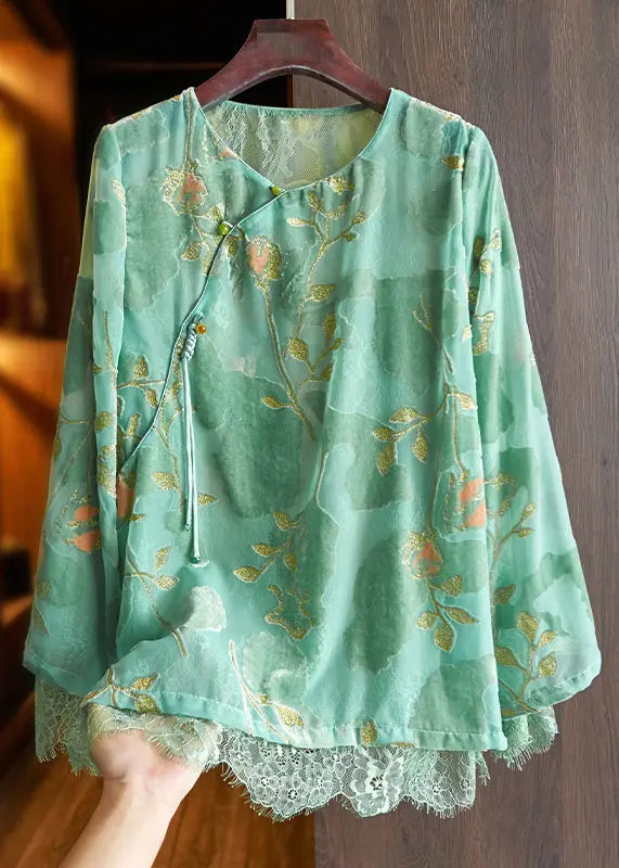 New Green O Neck Button Lace Patchwork Silk Velour Shirt Fall Ada Fashion