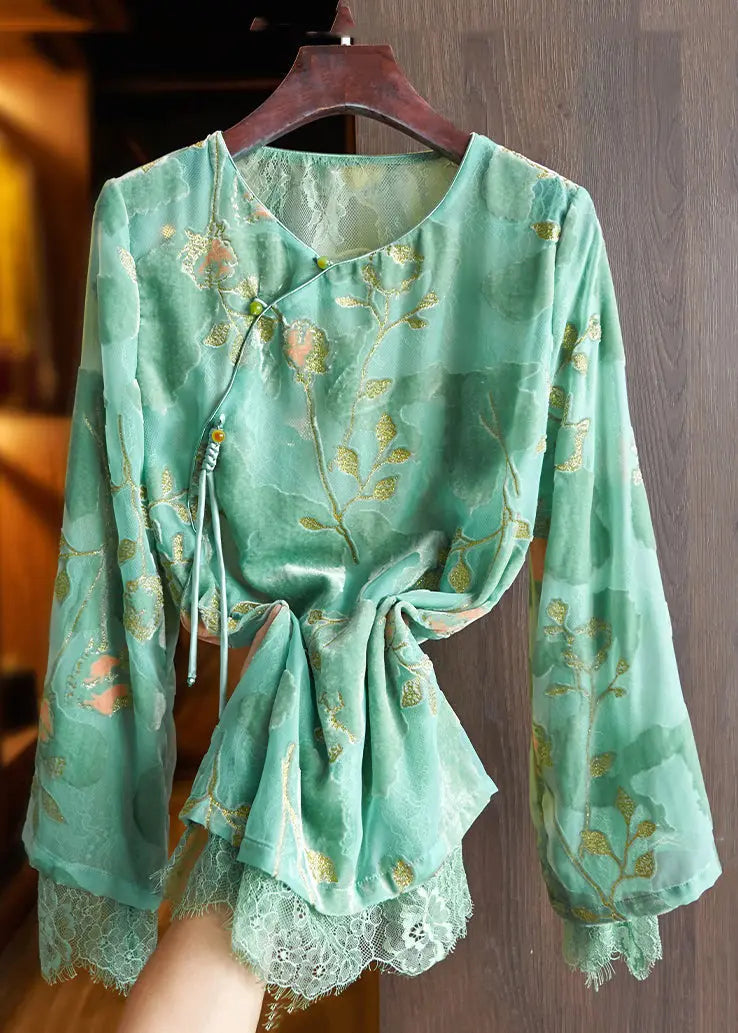 New Green O Neck Button Lace Patchwork Silk Velour Shirt Fall Ada Fashion