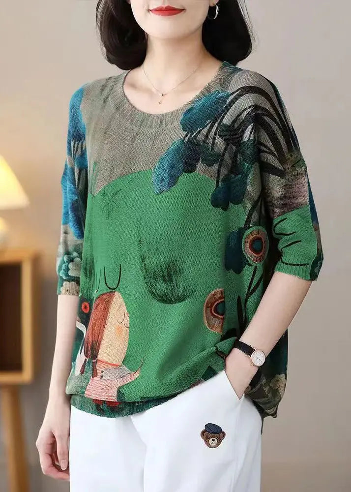 New Green O Neck Print Cotton Knit Top Half Sleeve Ada Fashion