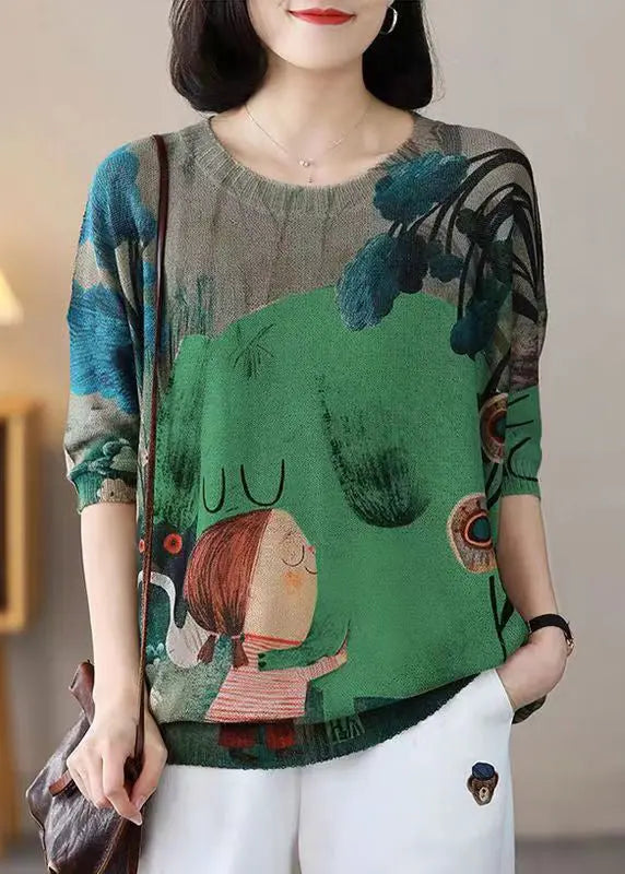 New Green O Neck Print Cotton Knit Top Half Sleeve Ada Fashion