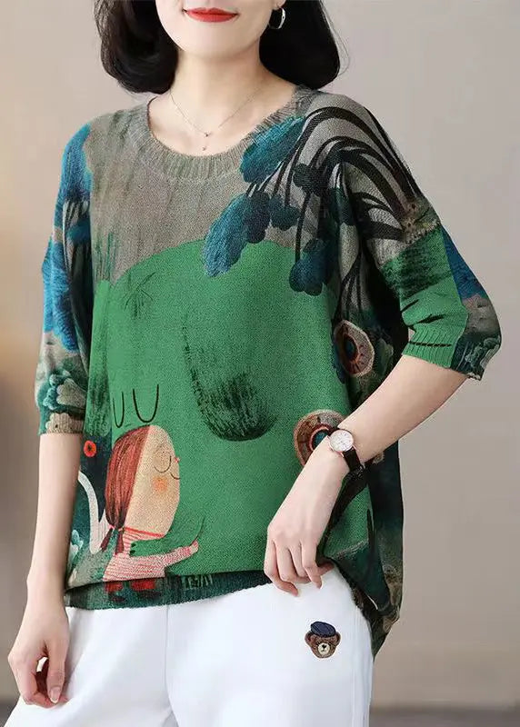 New Green O Neck Print Cotton Knit Top Half Sleeve Ada Fashion