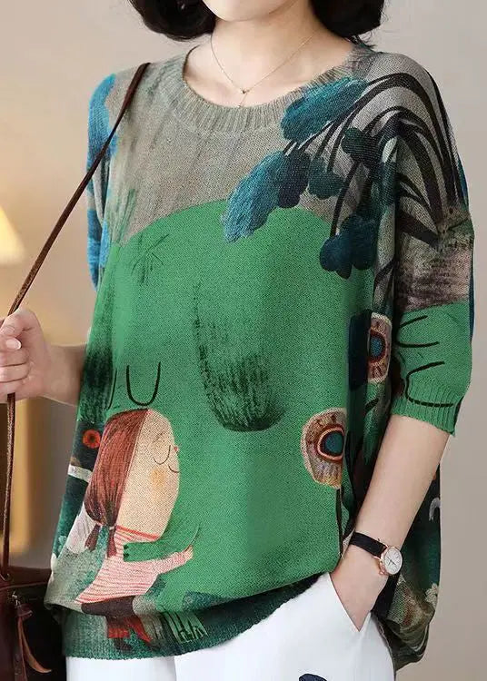 New Green O Neck Print Cotton Knit Top Half Sleeve Ada Fashion