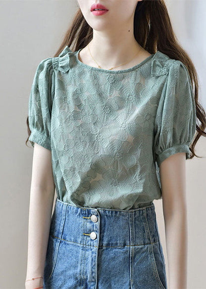 New Green O Neck Ruffled Patchwork Lace Shirt Tops Summer LY1474 - fabuloryshop