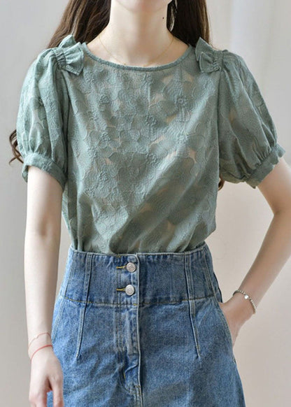 New Green O Neck Ruffled Patchwork Lace Shirt Tops Summer LY1474 - fabuloryshop