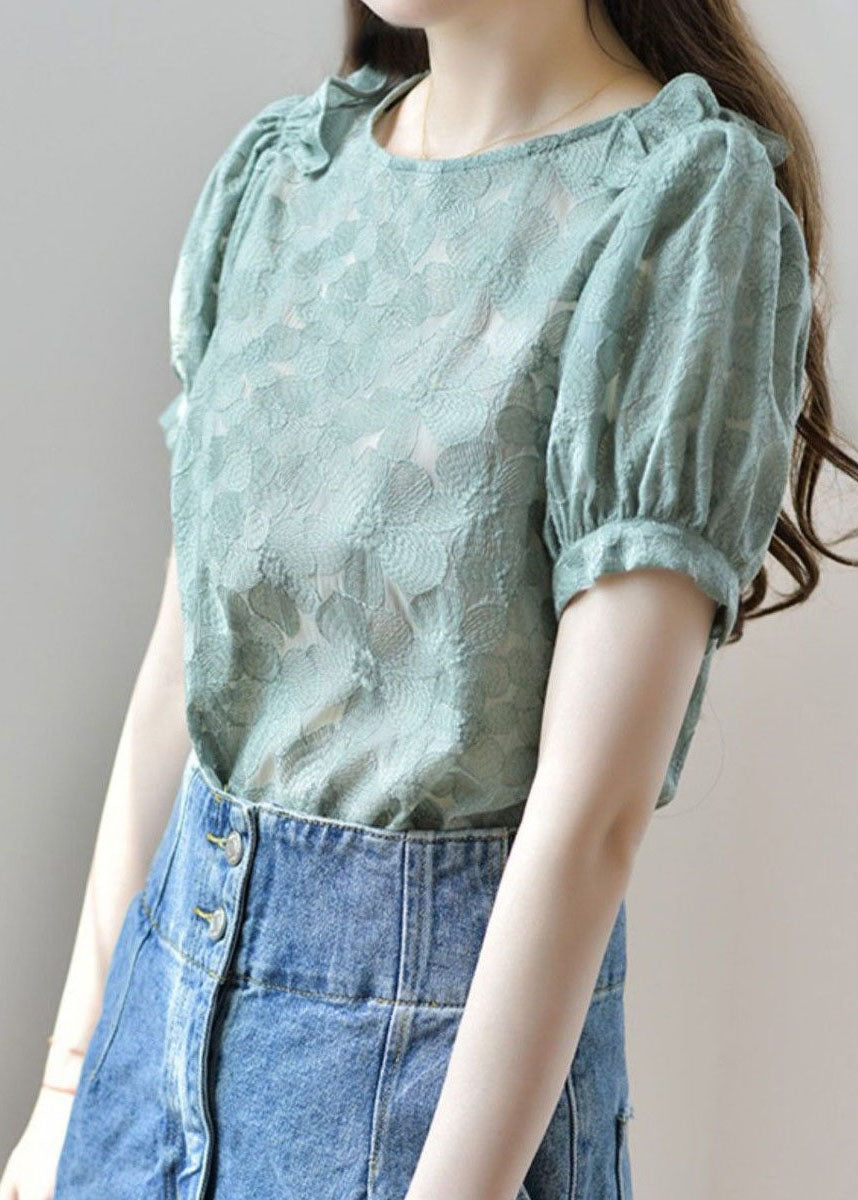New Green O Neck Ruffled Patchwork Lace Shirt Tops Summer LY1474 - fabuloryshop