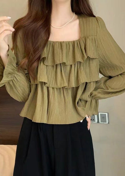 New Green Square Collar Ruffled Patchwork Cotton Top Spring LY4675 - fabuloryshop