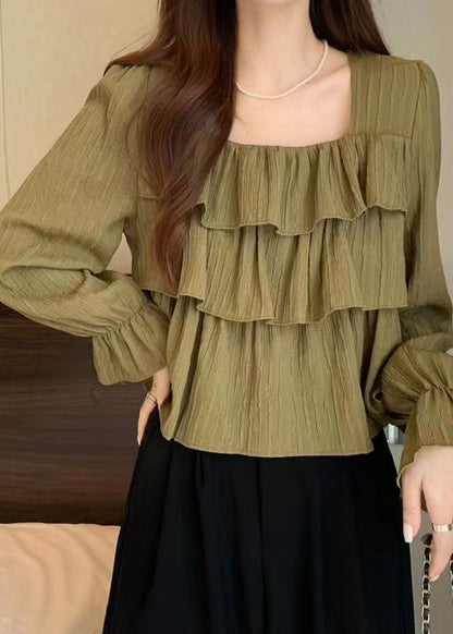 New Green Square Collar Ruffled Patchwork Cotton Top Spring LY4675 - fabuloryshop