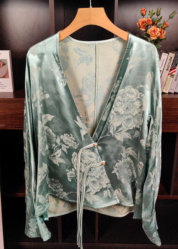 New Green V Neck Print Chinese Button Silk Tops Long Sleeve Ada Fashion