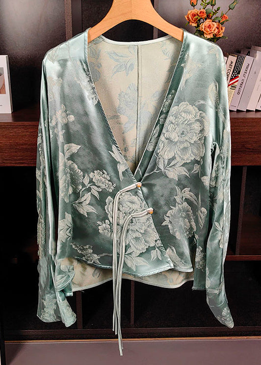 New Green V Neck Print Chinese Button Silk Tops Long Sleeve Ada Fashion