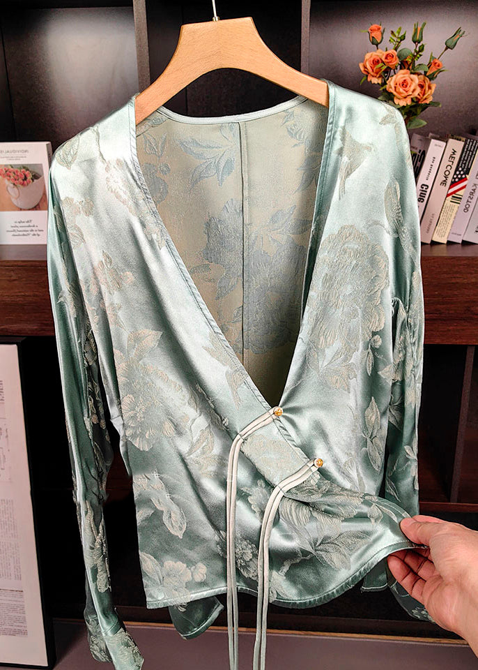 New Green V Neck Print Chinese Button Silk Tops Long Sleeve Ada Fashion