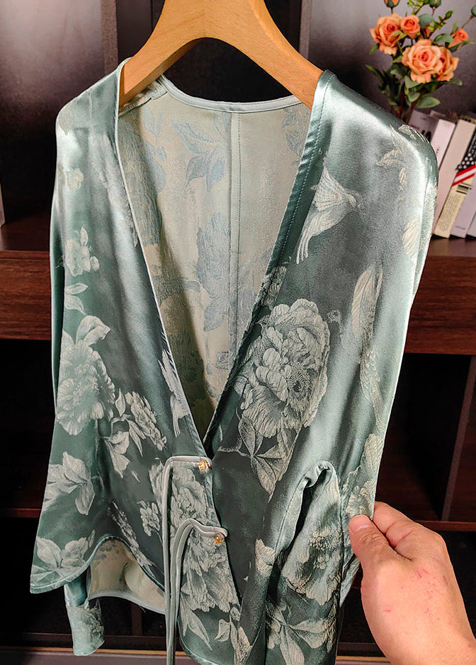 New Green V Neck Print Chinese Button Silk Tops Long Sleeve Ada Fashion