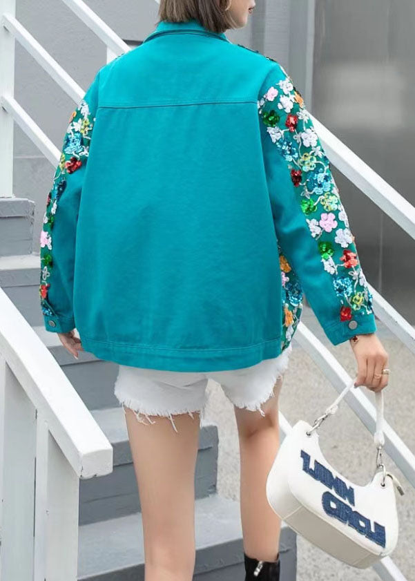 New Green Zircon Nail Bead Sequins Floral Patchwork Denim Coat Spring LY5224 - fabuloryshop