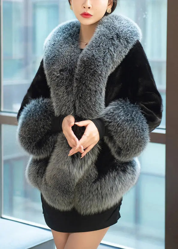 New Grey Fur Collar Pockets Patchwork Leather And Fur Coats Winter Ada Fashion