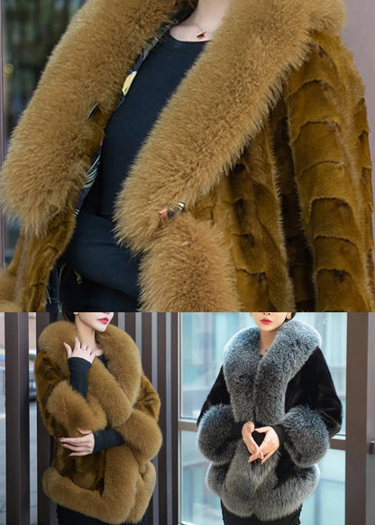 New Grey Fur Collar Pockets Patchwork Leather And Fur Coats Winter Ada Fashion