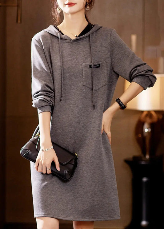 New Grey Hooded Pockets Patchwork Cotton Dresses Fall Ada Fashion