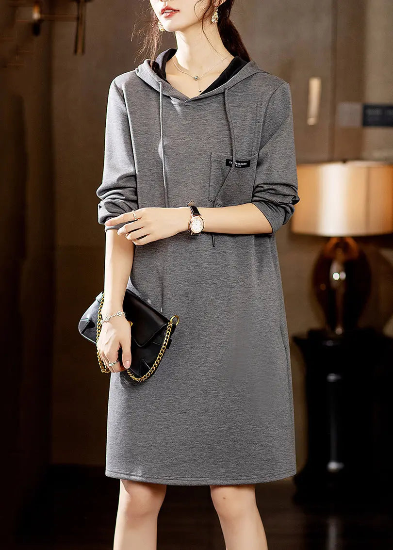 New Grey Hooded Pockets Patchwork Cotton Dresses Fall Ada Fashion