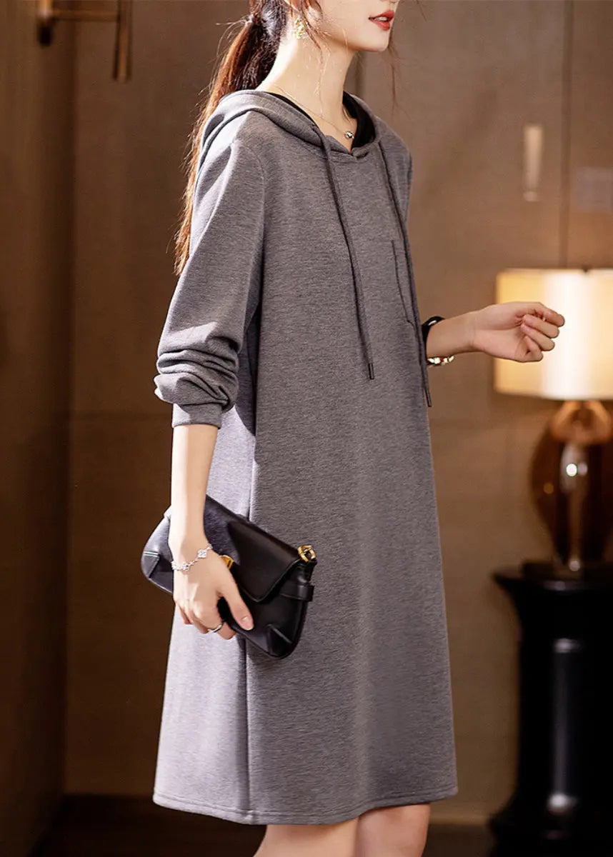 New Grey Hooded Pockets Patchwork Cotton Dresses Fall Ada Fashion