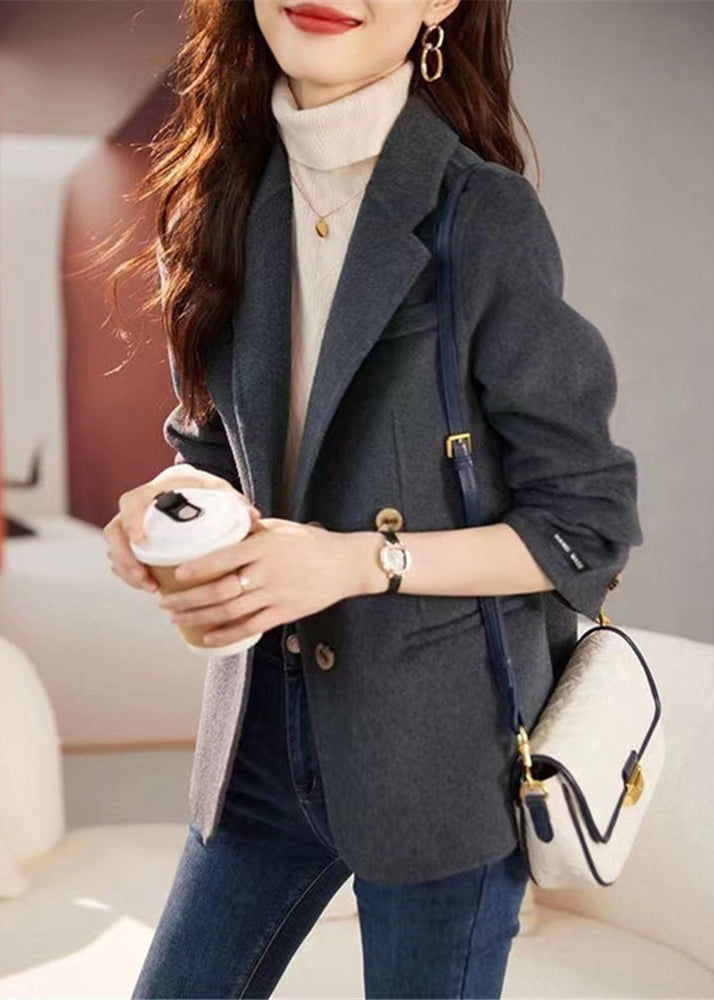 New Grey Notched Button Patchwork Woolen Coat Long Sleeve Ada Fashion