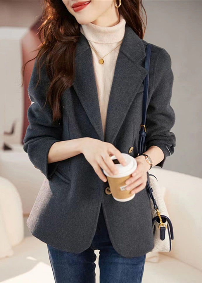 New Grey Notched Button Patchwork Woolen Coat Long Sleeve Ada Fashion