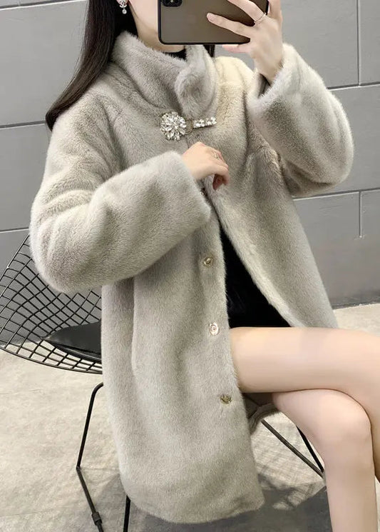 New Grey Stand Button Zircon Collar Mink Velvet Coats Winter Ada Fashion