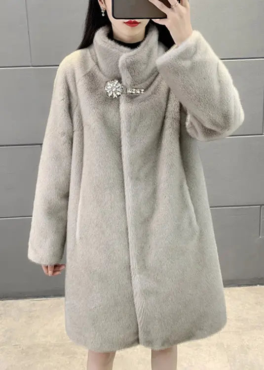 New Grey Stand Button Zircon Collar Mink Velvet Coats Winter Ada Fashion