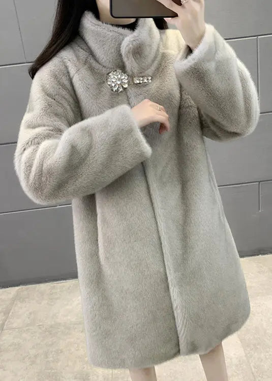 New Grey Stand Button Zircon Collar Mink Velvet Coats Winter Ada Fashion