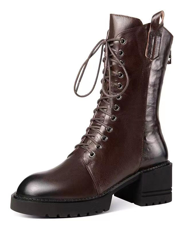 New Handmade Splicing Chunky Boots Coffee Cowhide Leather Ada Fashion