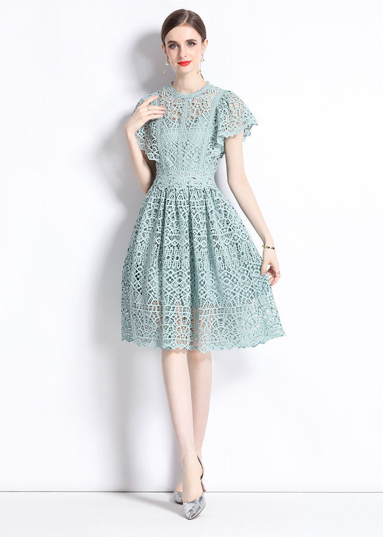 New Hollow Out Embroideried Wrinkled Patchwork Lace Mid Dress Butterfly Sleeve LY7462 - fabuloryshop
