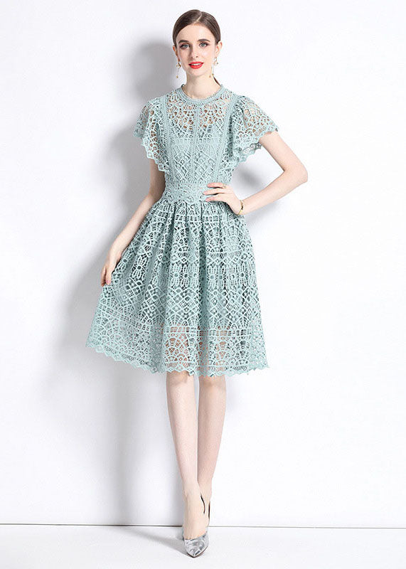 New Hollow Out Embroideried Wrinkled Patchwork Lace Mid Dress Butterfly Sleeve LY7462 - fabuloryshop