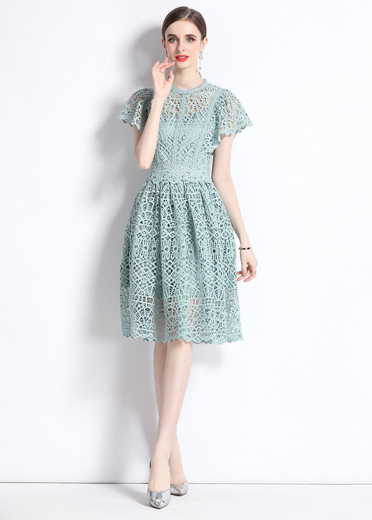 New Hollow Out Embroideried Wrinkled Patchwork Lace Mid Dress Butterfly Sleeve LY7462 - fabuloryshop