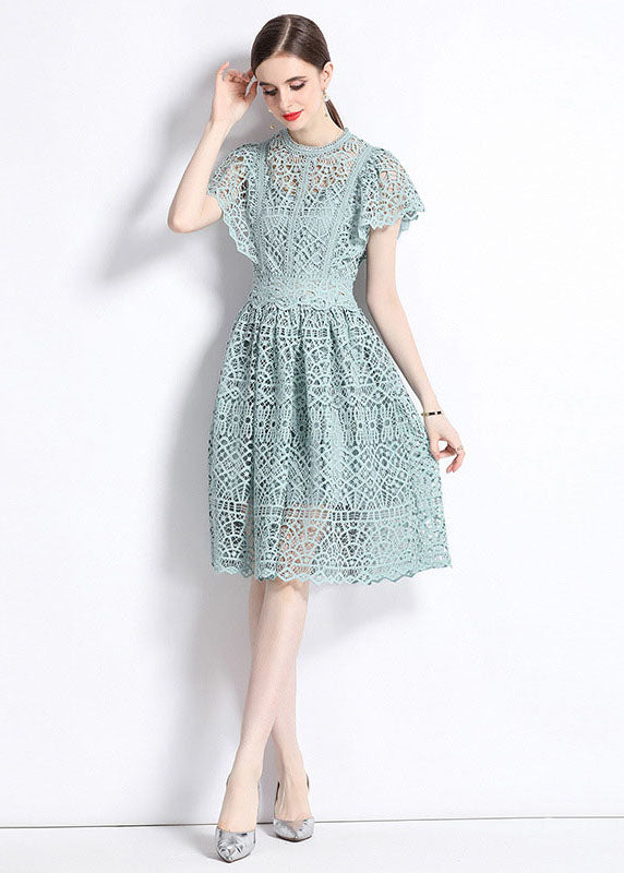 New Hollow Out Embroideried Wrinkled Patchwork Lace Mid Dress Butterfly Sleeve LY7462 - fabuloryshop